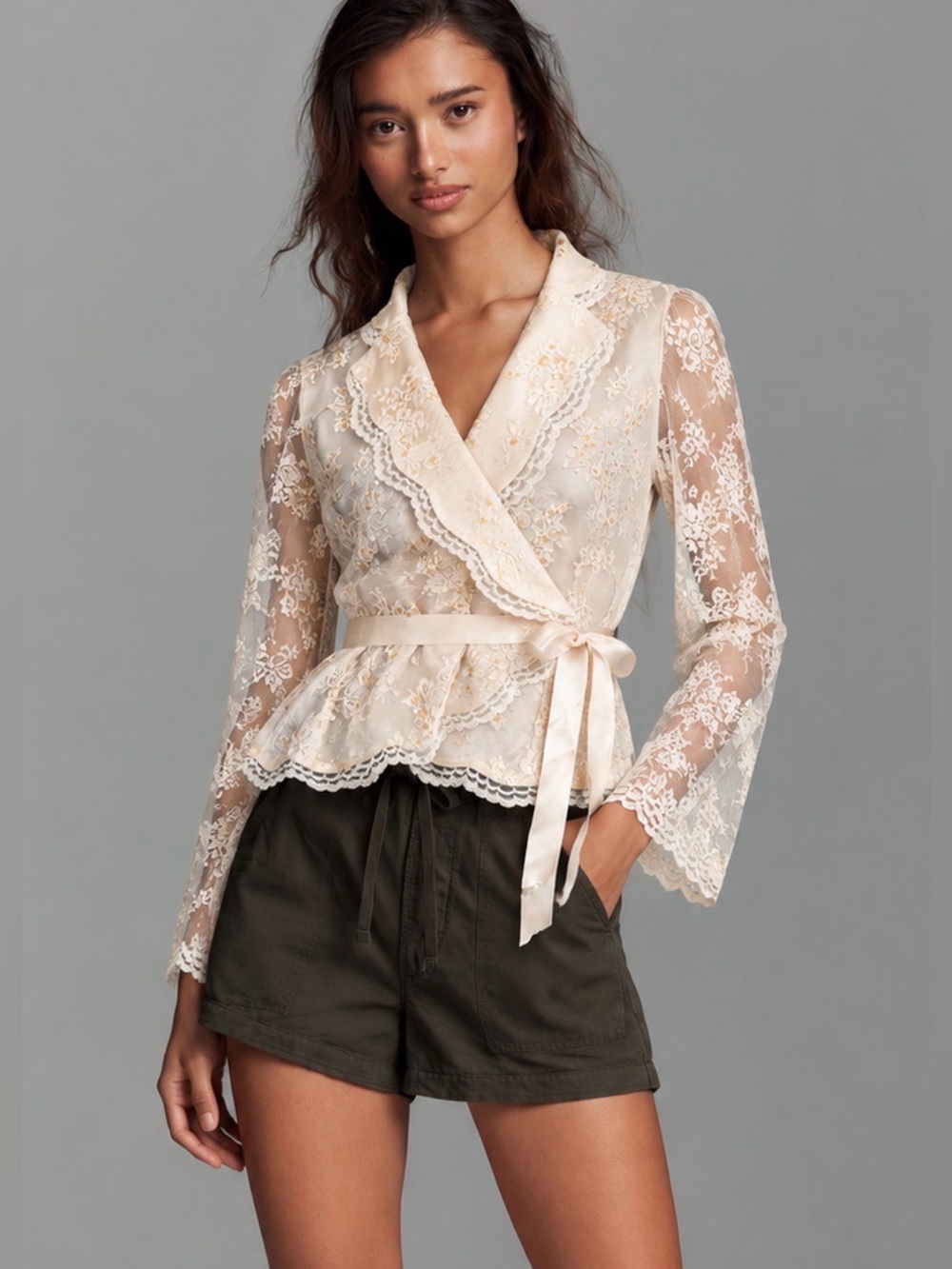 Vintage Bloomingdale’s Ivory Lace Wrap Blouse Size 10P